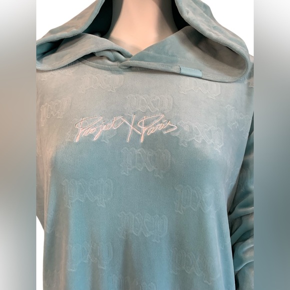 Project X Paris hoodie, light blue/teal velour.  Perfect item. Oversized small. - Picture 2 of 7
